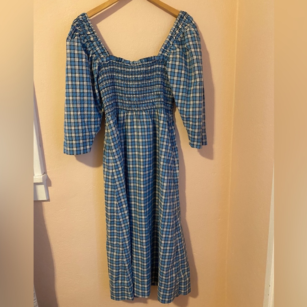 GANNI Seersucker Check Smock Midi Dress - Azure Blue size 8 - Picture 11 of 14